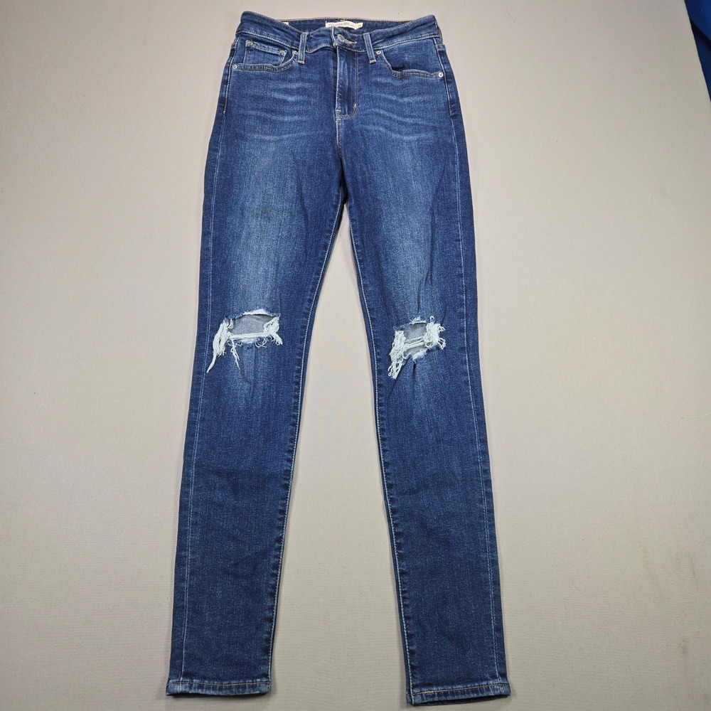 Levis 721 Big E Jeans High‎ Rise Skinny Distressed Ripped Knee Blue Womens 26x30